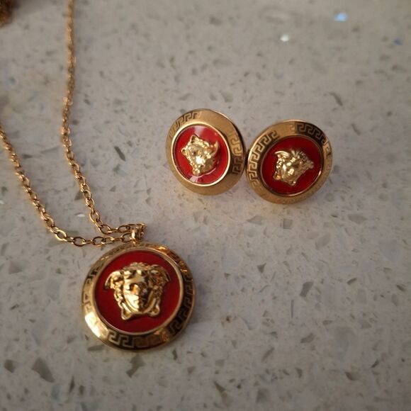 Designer Inspired 18K Gold Plated Stud Round Medusa Earrings & Necklace Set